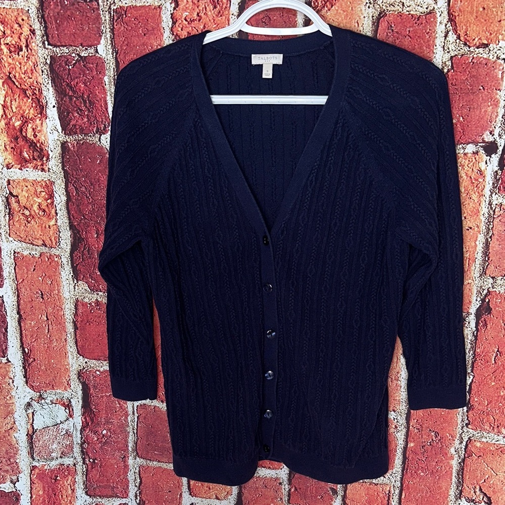 Talbots Women's Navy Blue Cotton Cable Knit Cardigan size small